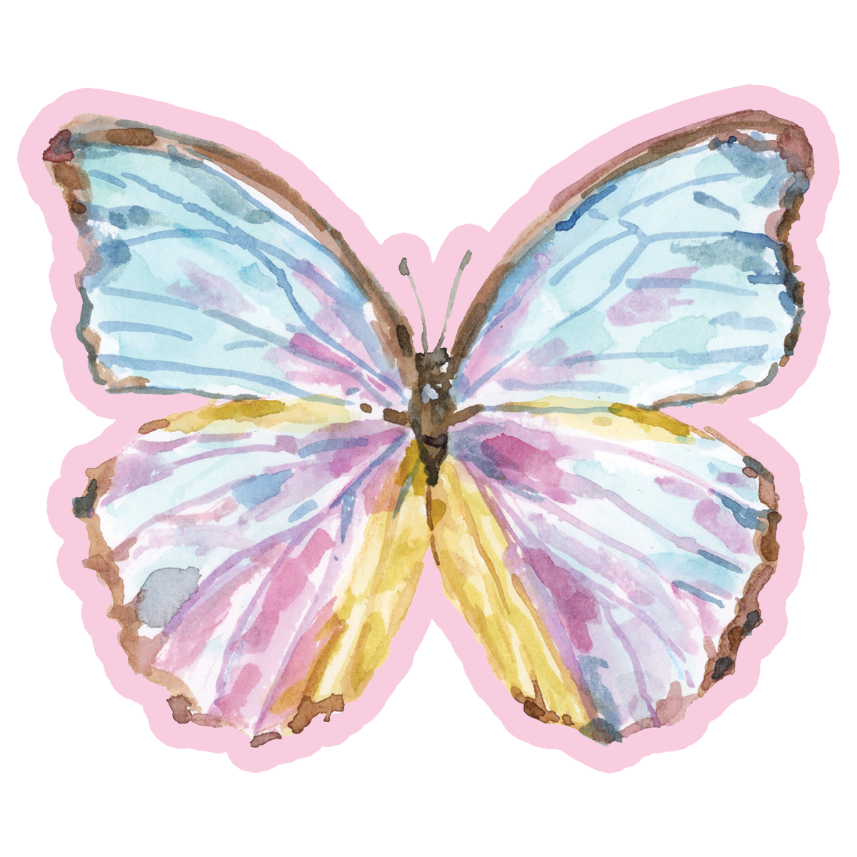 Stylin Brunette x Taylor Paladino magnet of a watercolor butterfly with pastel blue, pink, and yellow wings outlined in pink