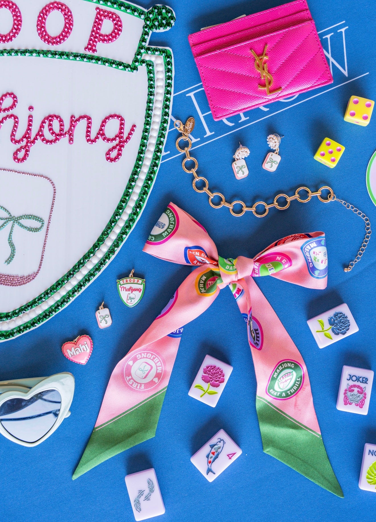 Troop Mahjong Merit Skinny Scarf Pink and Green