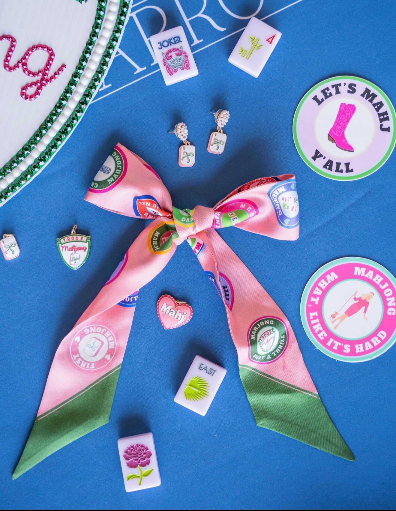 Troop Mahjong Merit Skinny Scarf Pink and Green
