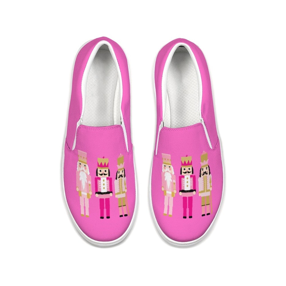 Pink Stylin Brunette Christmas slip-on sneakers with three pink nutcrackers