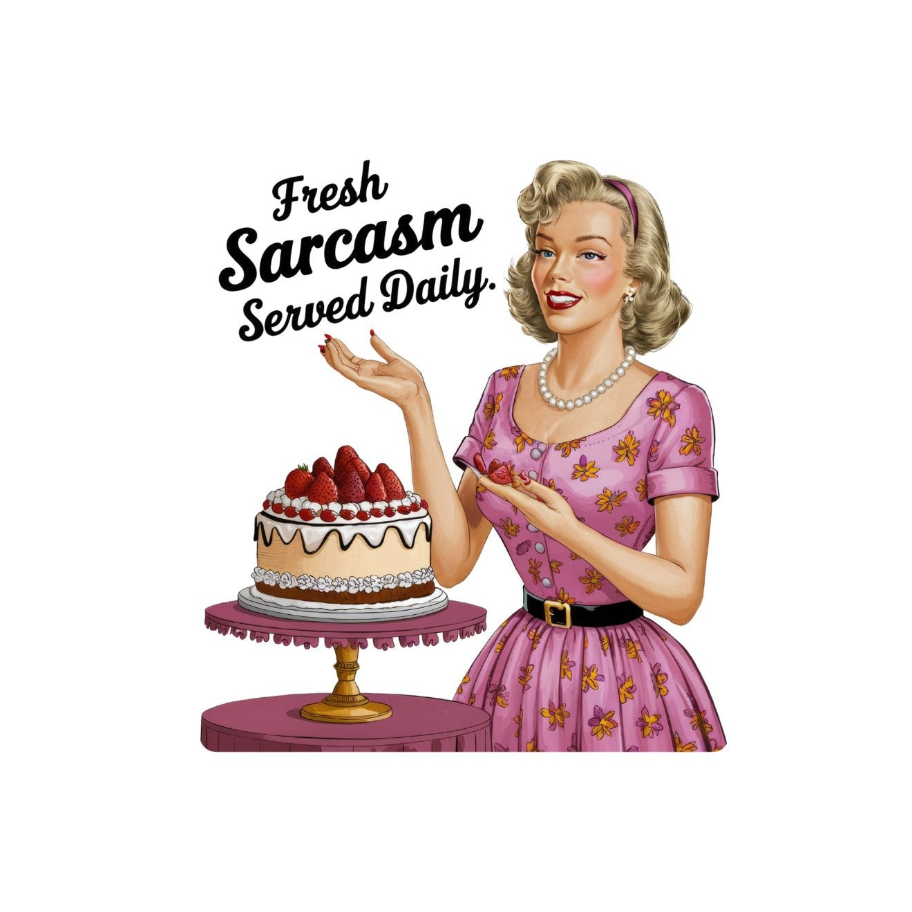 Stylin Brunette magnet of vintage dressed lady standing with cake saying, "Fresh Sarcasm Served Daily."