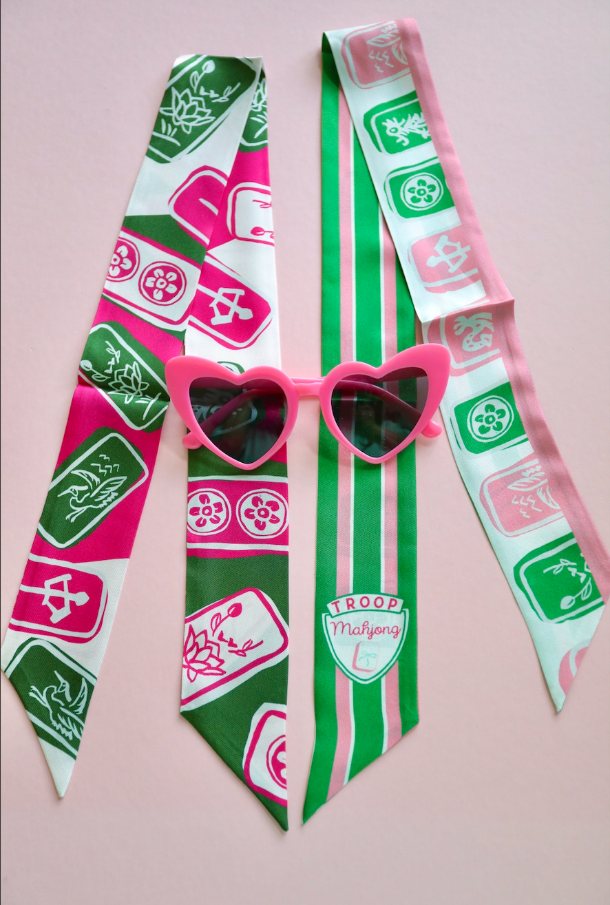 Troop Mahjong Pink & Green Tiles Skinny Scarf